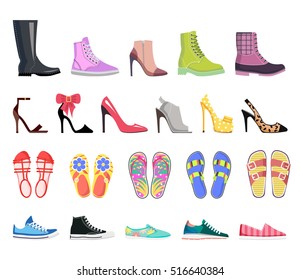 Collection of shoes types icons. Modern colourful female footwear. Casual, classic, platform, heel, ballet, spiked, sandals, moccasins, leather, flip-flop, loafer. Flat design. Vector illustration