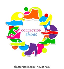 The collection of shoes. Vector illustration. Background with colored shoes. Design of vector illustrations. Isolated on white background. Sign shoe store.