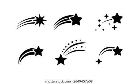 Collection of Shooting Star Icons in Black Silhouette Style Falling Stars, Cosmic Elements, and Meteor Symbols for Dream, Fantasy, or Celestial Design Use.