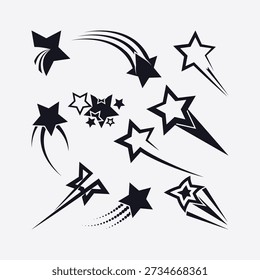Collection of shooting star vector illustrations featuring dynamic star trails and motion effects. Perfect for celestial themes, night sky designs, celebrations, magical concepts, and decorative graphic elements