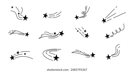 collection of shooting stars with hand drawn style, editable stroke