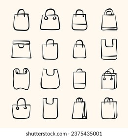 Collection of shopping bag doodles. Trendy line art doodle symbols for mobile apps and website design. Premium line art doodle pack with trendy line styles.