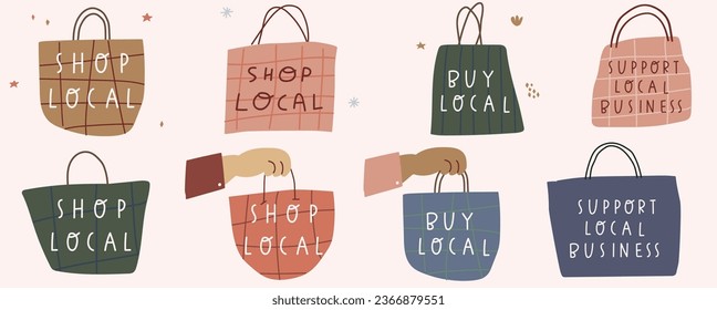 Colección de bolsas de compras. Compra local, compra local, apoya negocios locales. Diseño vectorial dibujado a mano. Diseño gráfico. Ilustración vectorial sobre fondo blanco.