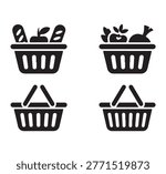 Collection of shopping baskets, some full with bread, fruit, and vegetables, others empty for retail use.