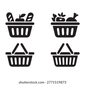 Collection of shopping baskets, some full with bread, fruit, and vegetables, others empty for retail use.