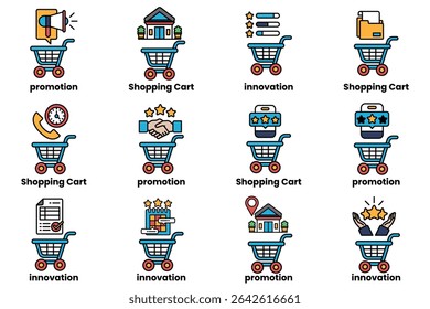 A collection of shopping cart symbols, each with unique features and purposes. The symbols include a standard shopping cart, a shopping cart with a phone, a shopping cart with a clock