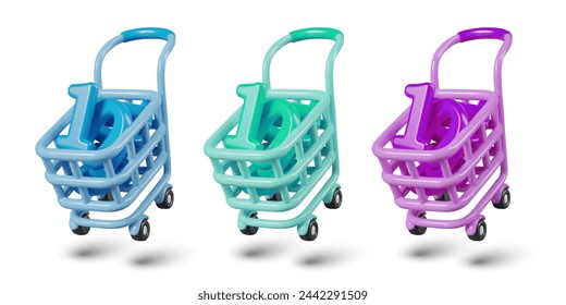 Collection of shopping carts with 3D numbers. Set of vector illustrations of different colors