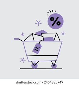 Collection of shopping carts and car full of shopping bags and gift boxes. Concept of discount. Vector.