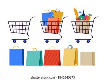 collection of shopping carts. Empty cart, with shopping bags and grocery bag