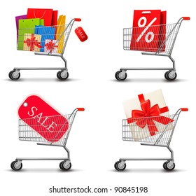 Collection of shopping carts full of shopping bags and gift boxes. Concept of discount. Vector.