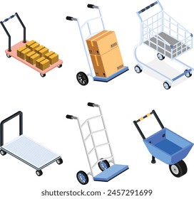 A collection of shopping carts and hand trucks in various shapes and sizes, perfect for e-commerce, retail, and delivery-themed designs.