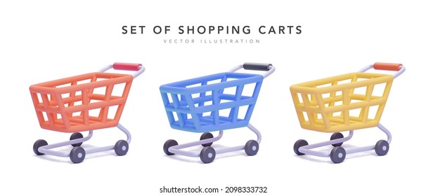 Collection of shopping carts on white background in 3d realistic style. Vector illustration