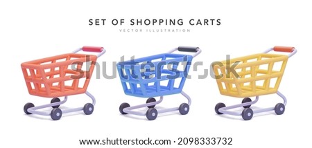 Collection of shopping carts on white background in 3d realistic style. Vector illustration