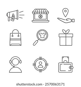 Collection of shopping and e-commerce icons, symbols, lines. Simple vector illustration