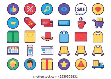 Collection of shopping elements in a colorful flat outline style. Vector clipart about online store, shopping, entrepreneurship, startups, e-commerce, innovative solutions, and economy growth. Small