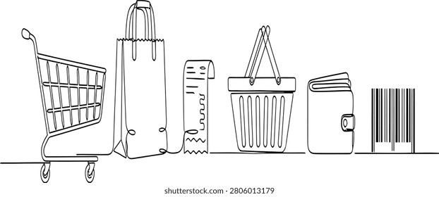 A collection of shopping essentials drawn with a single continuous line representing retail and consumerism