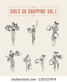 Collection of shopping girls walking with bags in hands. Hand drawn vector illustration, sketch