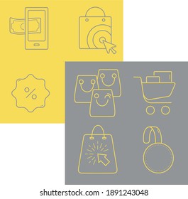 Collection Of Shopping Icons Isolated On A Contrasting Background. Yellow And Gray  E-commerce   Mobile Wallet, Supermarket Trolley, Shopping Cart, Discount Label, Wobbler And Cashback Vector Outline 