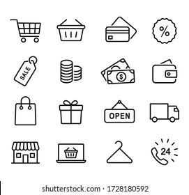 Sammlung von Shopping-Icons, Bestellung von Waren, Online-Bezahlung, Lieferung, Kundenservice