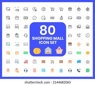 Collection of Shopping mall linear icons and color icons. Payment, wallet, money, headphones, phone. Set of cart, coins symbols drawn with thin contour lines.