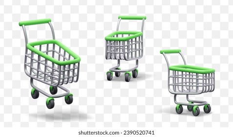 Colección con carrito de metal de la compra en diferentes posiciones con elementos verdes. Carro de compras. Es hora de comprar. Ilustración vectorial en estilo 3D