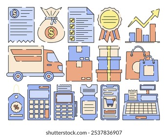 A collection of shopping and sales symbols including receipts, money bags, charts, and invoices, shopping bag, and calculator representing business transactions and budgeting.