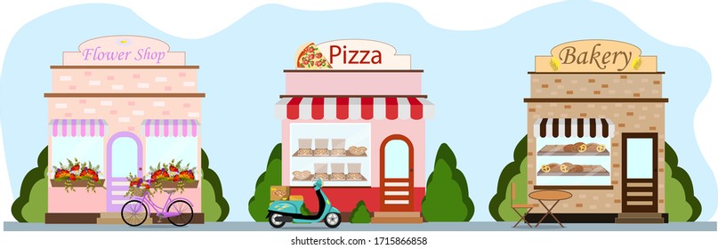 A collection of shops selling bakery products, flowers, pizza. Beautiful vector illustration