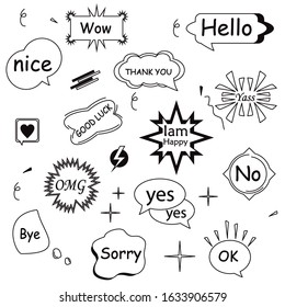 a collection of short message marks various words such as yes, no, thank and others. Modern vector illustration