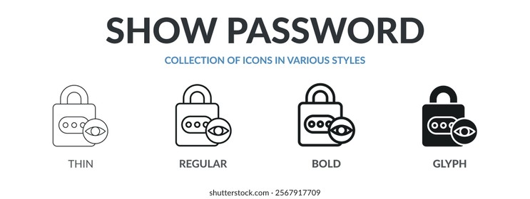 Collection of SHOW PASSWORD icons in variety of styles. Designed in thin line, regular line, bold line, and glyph.