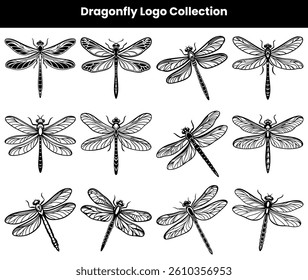 Collection showcases detailed dragonfly illustrations. Features outlined wings and segmented bodies set against a clean, transparent backdrop for flexible use.