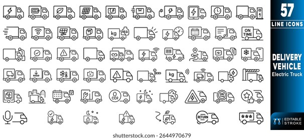Collection showcases line icons of electric delivery trucks, emphasizing diverse shipping activities, energy efficiency, and transportation logistics relevant to modern delivery services.
