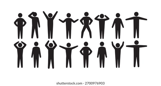 A coleção mostra uma variedade de poses distintas em pé, esticando-se ou alcançando-se para cima, e ações reflexivas ou contemplativas. Conjunto de figuras de silhueta pretas organizadas ordenadamente.