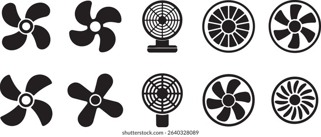 Collection showcases various fan designs as solid fill icons set against a transparent backdrop, offering versatile use in digital projects and applications.