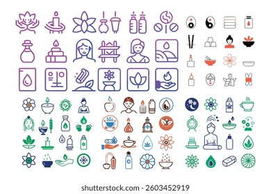 Collection showcases various spa and wellness line icons. Displayed are candles, flowers, oil bottles, stones, and people receiving different wellness treatments.