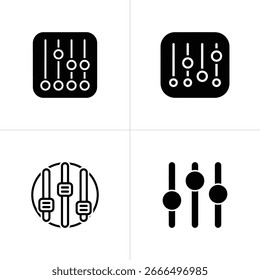 Collection showcasing four distinct equalizer icons. Each displays sliders, blending classic console designs with modern controller aesthetics on white background.