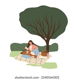 A collection showcasing joyful moments of people and their dogs in parks. Families, couples, and individuals engage in fun activities, bringing life to scenic outdoor settings. Vector illustrations.