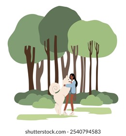 A collection showcasing joyful moments of people and their dogs in parks. Families, couples, and individuals engage in fun activities, bringing life to scenic outdoor settings. Vector illustrations.