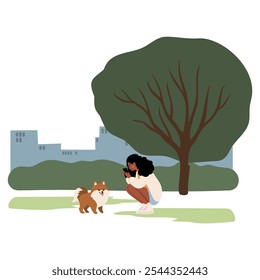 A collection showcasing joyful moments of people and their dogs in parks. Families, couples, and individuals engage in fun activities, bringing life to scenic outdoor settings. Vector illustrations.