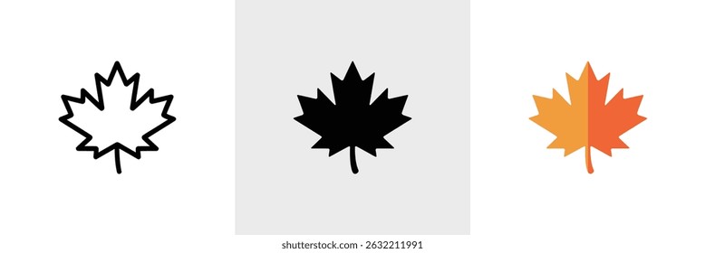 A collection showcasing a maple leaf in line art, a solid silhouette, and a vibrant orange gradient style, all set against a clean white background.