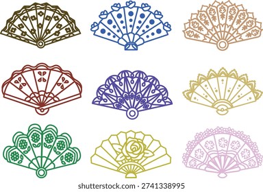 Collection showcasing nine unique folding hand fan outlines in various vibrant colors like brown, blue, red, and gold. Each fan displays intricate, stylized patterns, flowers, or lace edging, representing elegance and portable cooling accessories.