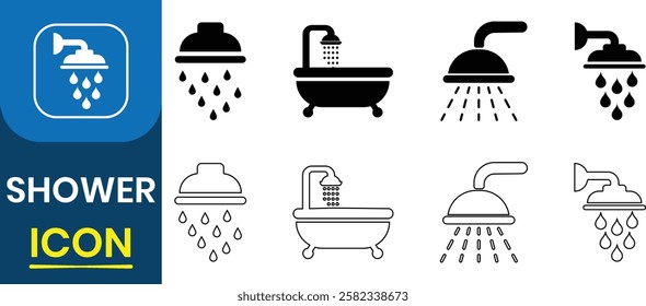 Collection of shower, bathtub icon set. Beach shower icon, bathroom collection, both large and small resolution. Vector illustration.