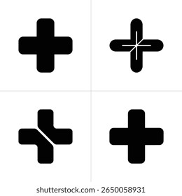 Collection showing four various plus sign icons. These black icons feature rounded edges and are isolated on a transparent backdrop for easy placement.