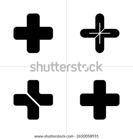 Collection showing four various plus sign icons. These black icons feature rounded edges and are isolated on a transparent backdrop for easy placement.
