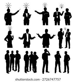 Collection showing professionals talking gesturing and having bright ideas symbolized by light bulbs. Teamwork and brainstorming concept.