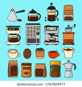 Collection showing various coffee machines, brewing devices, beans, ground coffee, and cups, representing different methods and forms of enjoying the popular beverage