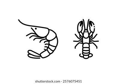 collection of Shrimp and lobster Icon. Line Art Style Design Isolated On White Background. The illustration style of the image is minimalist, geometric, Modern and iconic, symbol or logo.