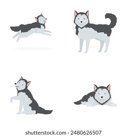 Collection of siberian husky cartoons in various playful poses on a white background