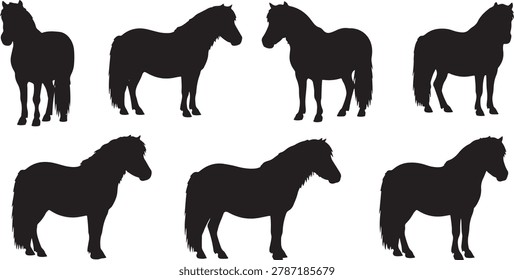 Collection of siberian ponies in various poses, sturdy build.