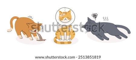 Collection of sick cat illustrations. A vomiting cat, a cat that underwent surgery, a helpless cat.