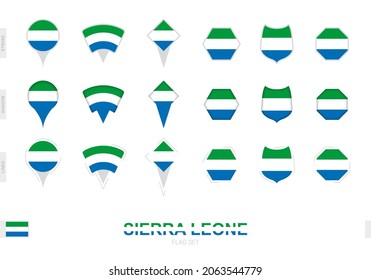 Collection of the Sierra Leone flag in different shapes and with three different effects. Vector flag set.